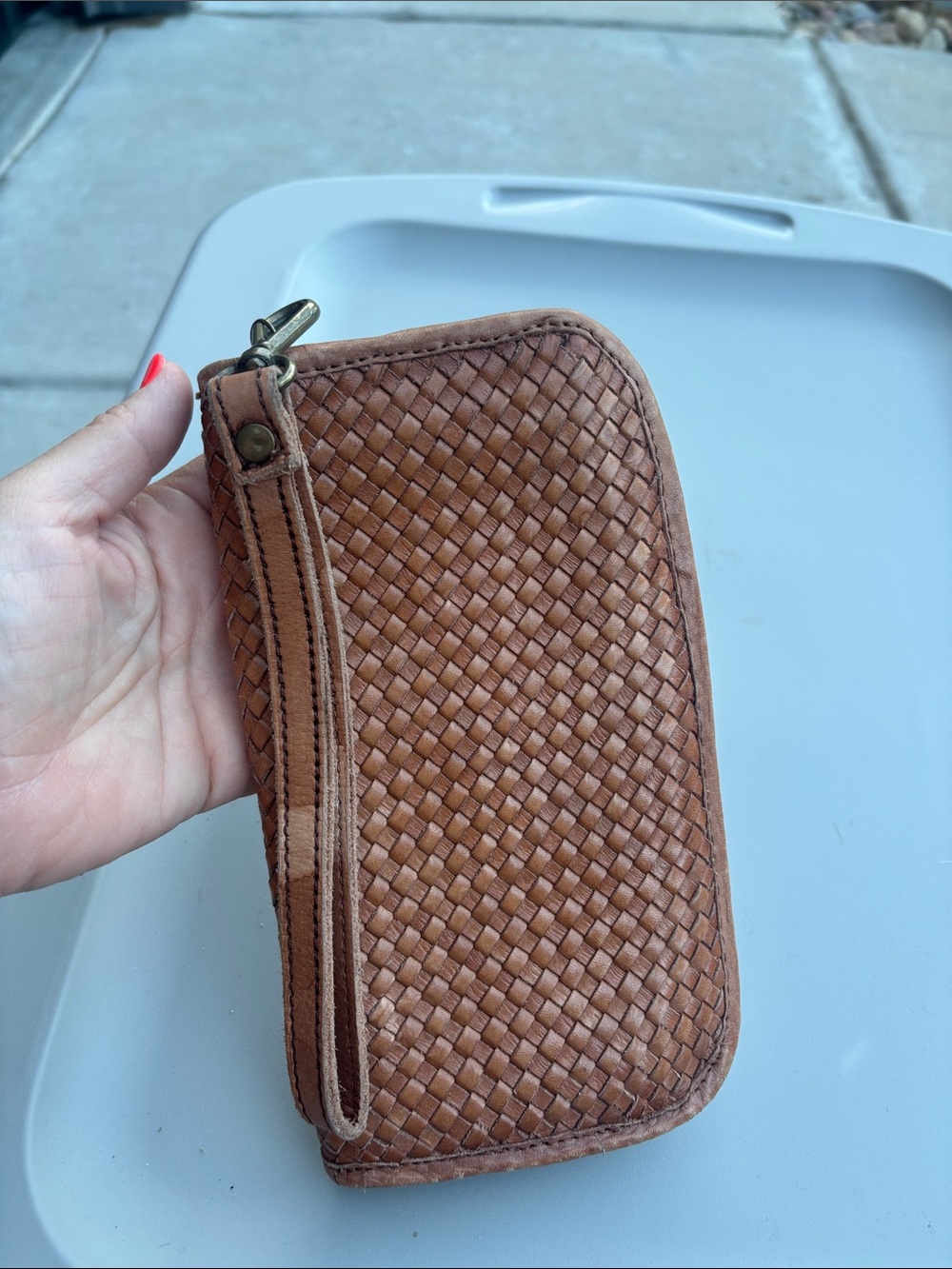 Woven Leather Zip Wristlet Wallet - Brown
